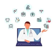 médecin en ligne en uniforme avec concept de consultation de stéthoscope. un conseiller médical offre de l'aide à partir d'un écran d'ordinateur portable. icônes de la ligne médicale. illustration vectorielle plane. vecteur