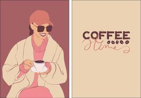 une série d'affiches sur le thème du café. une jeune fille boit du café. aménagement pour un café. vecteur