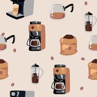 Patten de cafetières de style croquis dessinés à la main de vecteur. différents types de tasses à café, pots et cafetières, verres à macarons, grains de café et chocolat. couleurs chaudes et colorées vecteur