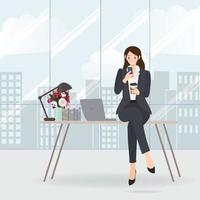 femme travaillante vérifiant son mobile sur la table dans l'illustration de vecteurs eps10 de bureau vecteur