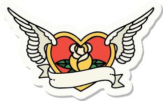 autocollant de tatouage dans le style traditionnel d'un coeur volant avec des fleurs et une bannière vecteur