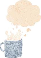 dessin animé tasse de café chaud et bulle de pensée dans un style texturé rétro vecteur