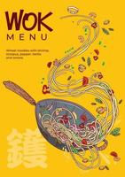wok avec nouilles, crevettes, poulpe, poivron, herbes et oignons