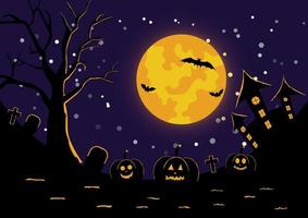 illustration vectorielle silhouette d'halloween avec éléments arbres, pleines lunes, châteaux, citrouilles, funérailles, chauves-souris.