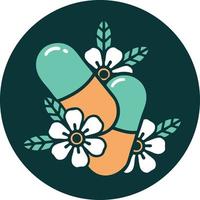 image emblématique de style tatouage de pilules et de fleurs vecteur