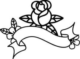 tatouage au trait noir traditionnel avec bannière d'une seule rose vecteur