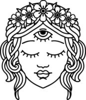 tatouage dans le style de ligne noire du visage féminin avec troisième oeil et couronne de fleurs vecteur