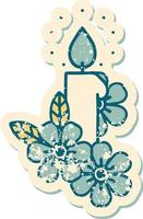 image emblématique de style tatouage d'autocollant en détresse d'une bougie et de fleurs vecteur