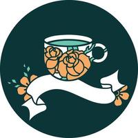 icône de style tatouage avec bannière d'une tasse et de fleurs vecteur