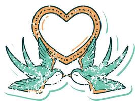 image emblématique de style tatouage autocollant en détresse d'hirondelles et d'un coeur vecteur