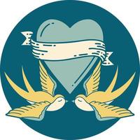 image emblématique de style tatouage d'hirondelles et d'un coeur avec bannière vecteur