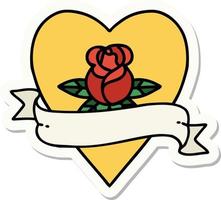 autocollant de tatouage dans le style traditionnel d'une rose de coeur et d'une bannière vecteur