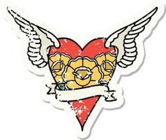 tatouage d'autocollant en détresse dans le style traditionnel d'un coeur avec des ailes et une bannière vecteur