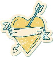 image emblématique de style tatouage d'autocollant en détresse d'un coeur et d'une bannière de flèche vecteur