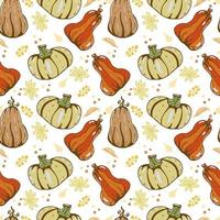 modèle vectorielle continue d'automne avec des citrouilles et des feuilles d'automne. illustration dessinée à la main. vecteur