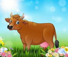 dessin animé vache brune avec fond de nature vecteur