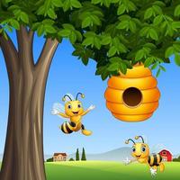 abeilles de dessin animé avec du miel sous un arbre vecteur