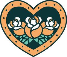 image emblématique de style tatouage d'un coeur et de fleurs vecteur