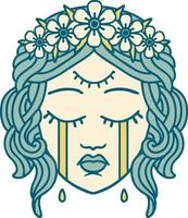 image de style tatouage emblématique du visage féminin avec troisième oeil et couronne de fleurs cyring vecteur