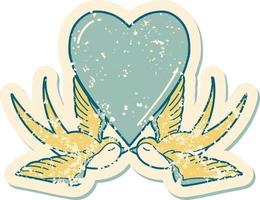 image emblématique de style tatouage autocollant en détresse d'hirondelles et d'un coeur vecteur