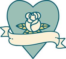 image emblématique de style tatouage d'une rose de coeur et d'une bannière vecteur