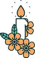 image emblématique de style tatouage d'une bougie et de fleurs vecteur