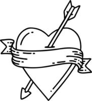 tatouage dans le style de ligne noire d'un coeur de flèche et d'une bannière vecteur
