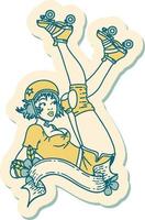 autocollant de tatouage dans le style traditionnel d'une pin-up roller derby avec bannière vecteur