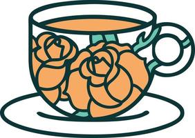 image emblématique de style tatouage d'une tasse et de fleurs vecteur