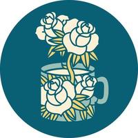 image emblématique de style tatouage d'une tasse et de fleurs vecteur