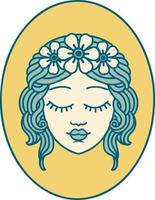 image de style de tatouage emblématique d'une jeune fille avec les yeux fermés vecteur