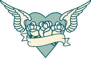 image emblématique de style tatouage de coeur avec ailes fleurs et bannière vecteur