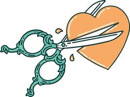 image emblématique de style tatouage de ciseaux coupant un coeur vecteur