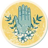 image emblématique de style tatouage d'autocollant en détresse d'une main et d'une fleur vecteur