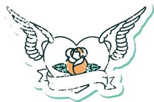 image emblématique de style tatouage autocollant en détresse d'un coeur volant avec des fleurs et une bannière vecteur