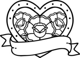 tatouage dans le style de ligne noire d'un coeur et d'une bannière avec des fleurs vecteur