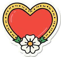 autocollant de tatouage dans le style traditionnel d'un coeur et d'une fleur vecteur