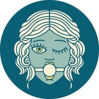 image emblématique de style tatouage d'un visage féminin clignotant portant un bâillon de balle vecteur