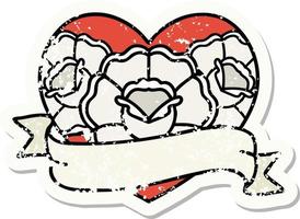 tatouage d'autocollant en détresse dans le style traditionnel d'un coeur et d'une bannière avec des fleurs vecteur