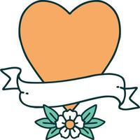 image emblématique de style tatouage d'un coeur et d'une bannière vecteur