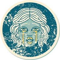 image emblématique de style tatouage d'autocollant en détresse d'un visage de femme qui pleure très heureux vecteur