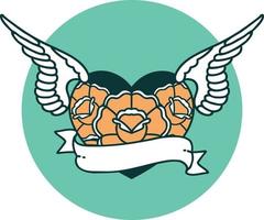 image emblématique de style tatouage d'un coeur volant avec des fleurs et une bannière vecteur