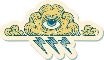 image emblématique de style tatouage d'autocollant en détresse d'un nuage d'oeil qui voit tout vecteur