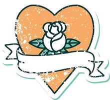 image emblématique de style tatouage d'autocollant en détresse d'une rose de coeur et d'une bannière vecteur