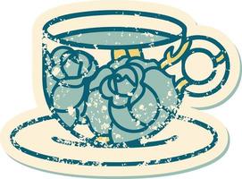 image emblématique de style tatouage autocollant en détresse d'une tasse et de fleurs vecteur