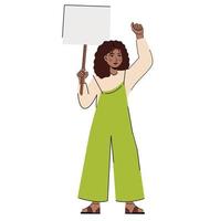 féminisme. pouvoir des filles. une femme noire en colère a levé les mains avec une pancarte de protestation. fille au rallye. illustration de vecteur plat isolé sur fond blanc.