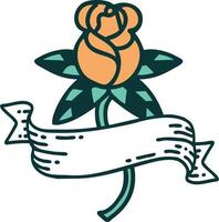 image emblématique de style tatouage d'une rose et d'une bannière vecteur