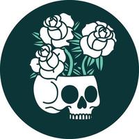 image emblématique de style tatouage d'un crâne et de roses vecteur