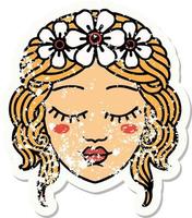 tatouage autocollant en détresse dans le style traditionnel du visage féminin avec les yeux fermés vecteur