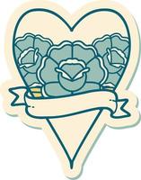 autocollant de tatouage dans le style traditionnel d'un coeur et d'une bannière avec des fleurs vecteur